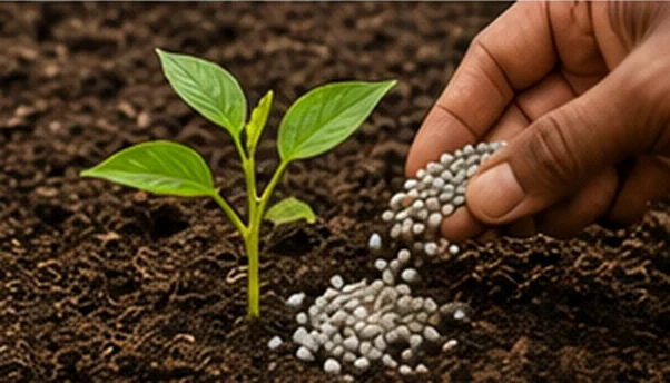 Farmer planting a seedling and applying inputs in rich soil